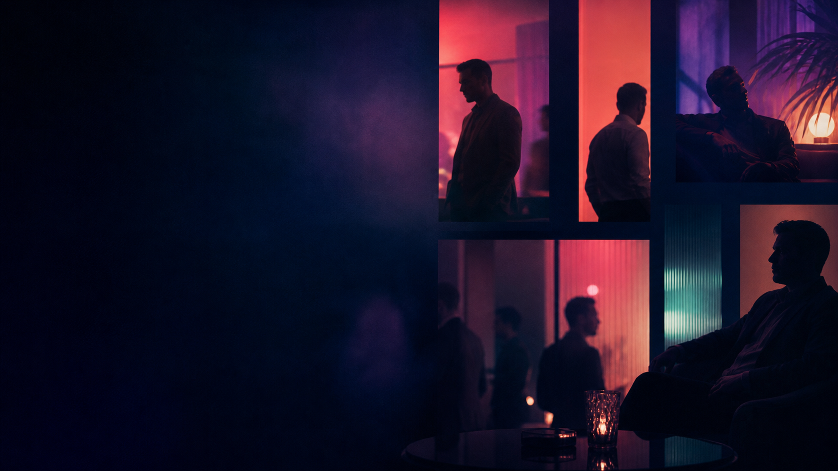 Moody editorial image of adult men in a stylish nightlife lounge